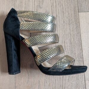 Authentic (rare) Christian Louboutin Gold Snakeskin Strappy Sandal, Block Heel